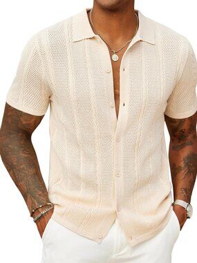 Men’s Light Khaki Knit Button-Down Polo Summer Beach Casual Top Shirt
